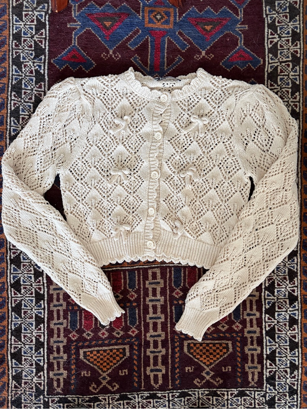 Zara Cream 100% Cotton Bow Cardigan